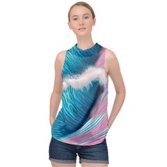 Pink Sea Water High Neck Satin Top by GardenOfOphir