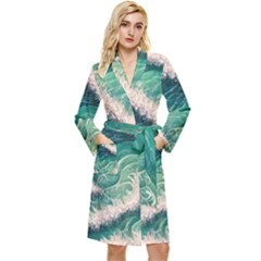 Blue Wave Pattern Long Sleeve Velvet Robe