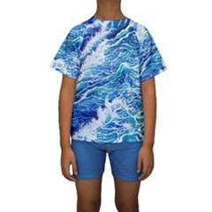 Abstract Blue Wave Kids  Short Sleeve Swimwear by GardenOfOphir