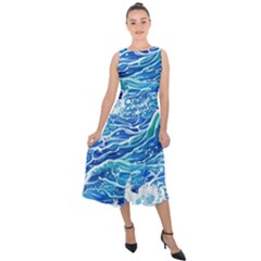 Abstract Blue Wave Midi Tie-back Chiffon Dress by GardenOfOphir