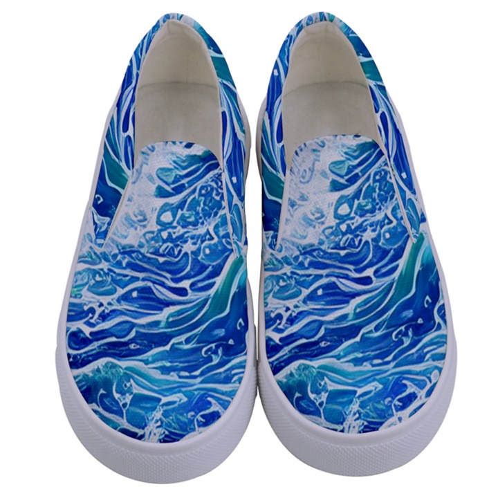 Abstract Blue Wave Kids  Canvas Slip Ons