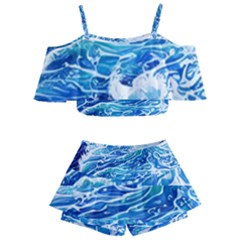 Abstract Blue Wave Kids  Off Shoulder Skirt Bikini by GardenOfOphir