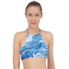 Abstract Blue Wave Racer Front Bikini Top by GardenOfOphir