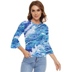 Abstract Blue Wave Bell Sleeve Top
