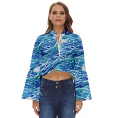 Abstract Blue Wave Boho Long Bell Sleeve Top