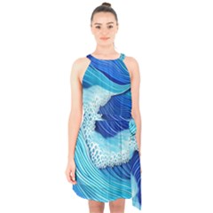 Waves Blue Ocean Halter Collar Waist Tie Chiffon Dress by GardenOfOphir