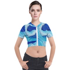 Waves Blue Ocean Short Sleeve Cropped Jacket by GardenOfOphir