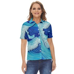 Waves Blue Ocean Women s Short Sleeve Double Pocket Shirt
