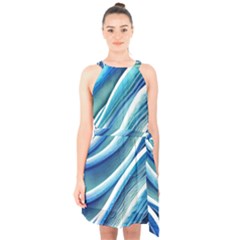 Blue Ocean Waves Halter Collar Waist Tie Chiffon Dress by GardenOfOphir