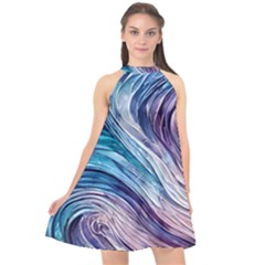 Abstract Pastel Ocean Waves Halter Neckline Chiffon Dress  by GardenOfOphir