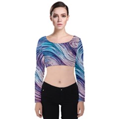 Abstract Pastel Ocean Waves Velvet Long Sleeve Crop Top by GardenOfOphir