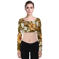 White And Yellow Floral Lilies Background Surface Velvet Long Sleeve Crop Top