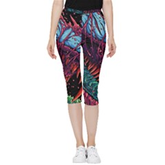 Floral Digital Art Tongue Out Inside Out Lightweight Velour Capri Leggings 