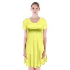 Laser Lemon Yellow	 - 	short Sleeve V-neck Flare Dress