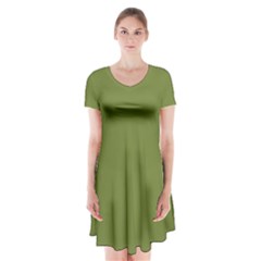 Olive Green	 - 	short Sleeve V-neck Flare Dress