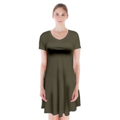 Dark Olive Drab	 - 	short Sleeve V-neck Flare Dress by ColorfulDresses