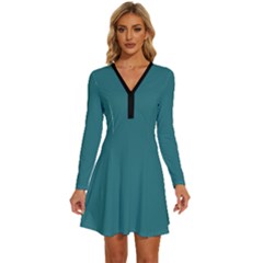 Greenish Blue	 - 	long Sleeve Deep V Mini Dress by ColorfulDresses