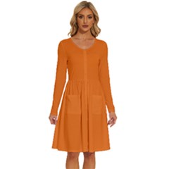 Carrot Orange	 - 	long Sleeve Dress With Pockets by ColorfulDresses