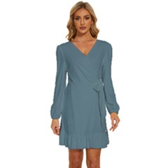 Stone Blue	 - 	long Sleeve Waist Tie Ruffle Velvet Dress