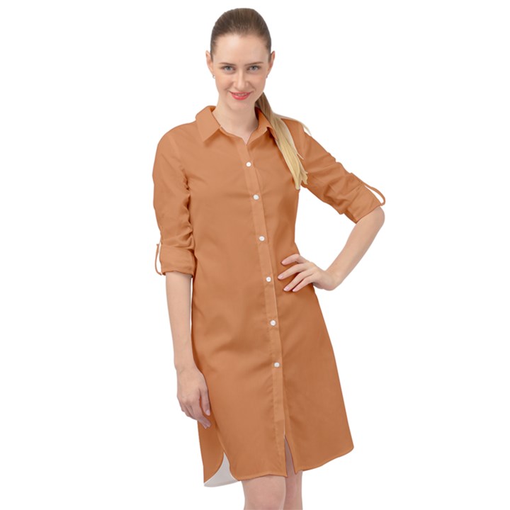 Raw Sienna Orange	 - 	Long Sleeve Mini Shirt Dress