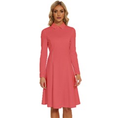 Bean Red	 - 	long Sleeve Shirt Collar A-line Dress by ColorfulDresses