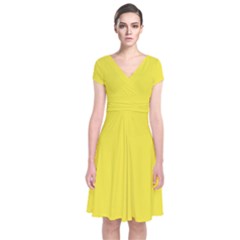 Blazing Yellow	 - 	short Sleeve Front Wrap Dress by ColorfulDresses