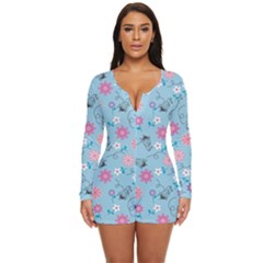 Pink And Blue Floral Wallpaper Long Sleeve Boyleg Swimsuit