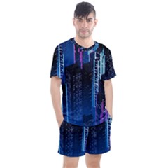 Night Music The City Neon Background Synth Retrowave Men s Mesh Tee And Shorts Set