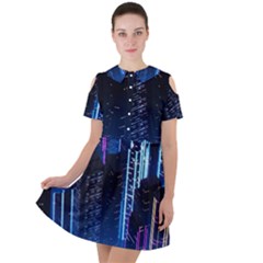 Night Music The City Neon Background Synth Retrowave Short Sleeve Shoulder Cut Out Dress  by Jancukart