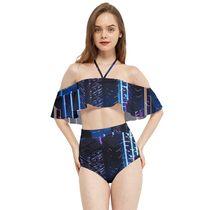 Night Music The City Neon Background Synth Retrowave Halter Flowy Bikini Set 