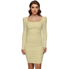 Beige	 - 	long Sleeve Ruched Stretch Jersey Dress by ColorfulDresses