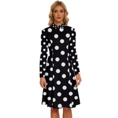 Black And White Polka Dots Long Sleeve Shirt Collar A-line Dress by GardenOfOphir