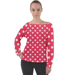 Hot Pink Polka Dots Off Shoulder Long Sleeve Velour Top by GardenOfOphir