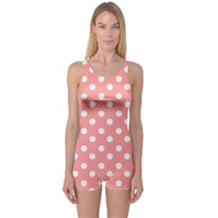 Coral And White Polka Dots One Piece Boyleg Swimsuit by GardenOfOphir