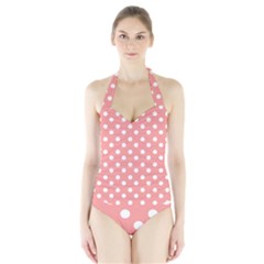 Coral And White Polka Dots Halter Swimsuit by GardenOfOphir