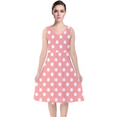 Coral And White Polka Dots V-neck Midi Sleeveless Dress  by GardenOfOphir