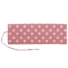 Coral And White Polka Dots Roll Up Canvas Pencil Holder (m) by GardenOfOphir