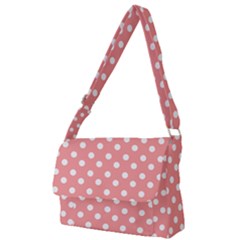 Coral And White Polka Dots Full Print Messenger Bag (l) by GardenOfOphir
