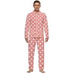 Coral And White Polka Dots Men s Long Sleeve Velvet Pocket Pajamas Set by GardenOfOphir