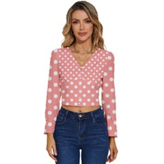 Coral And White Polka Dots Long Sleeve V-neck Top by GardenOfOphir