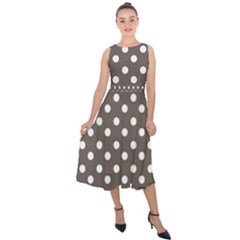 Brown And White Polka Dots Midi Tie-back Chiffon Dress by GardenOfOphir