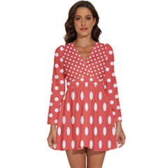 Indian Red Polka Dots Long Sleeve V-neck Chiffon Dress  by GardenOfOphir