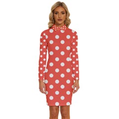 Indian Red Polka Dots Long Sleeve Shirt Collar Bodycon Dress by GardenOfOphir