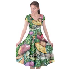 Sacred Mushroom Charm Cap Sleeve Wrap Front Dress