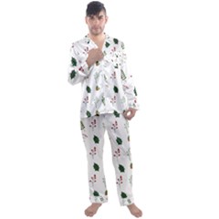 Leaves Mistletoe Plants Winter Men s Long Sleeve Satin Pajamas Set