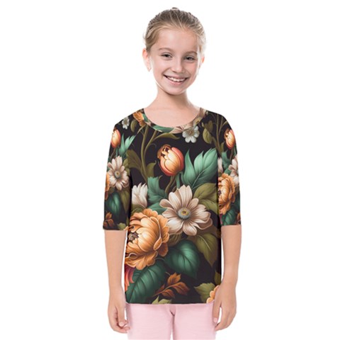 Floral Flower Blossom Bloom Flora Kids  Quarter Sleeve Raglan Tee by Ravend