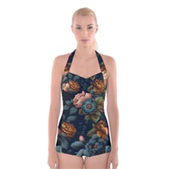 Floral Flower Blossom Turquoise Boyleg Halter Swimsuit  by Ravend