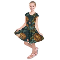 Floral Flower Blossom Turquoise Kids  Short Sleeve Dress