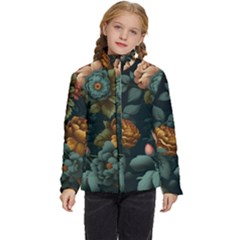 Floral Flower Blossom Turquoise Kids  Puffer Bubble Jacket Coat