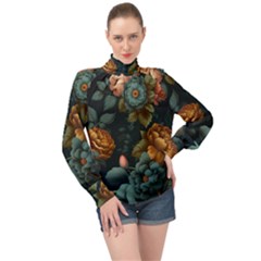 Floral Flower Blossom Turquoise High Neck Long Sleeve Chiffon Top